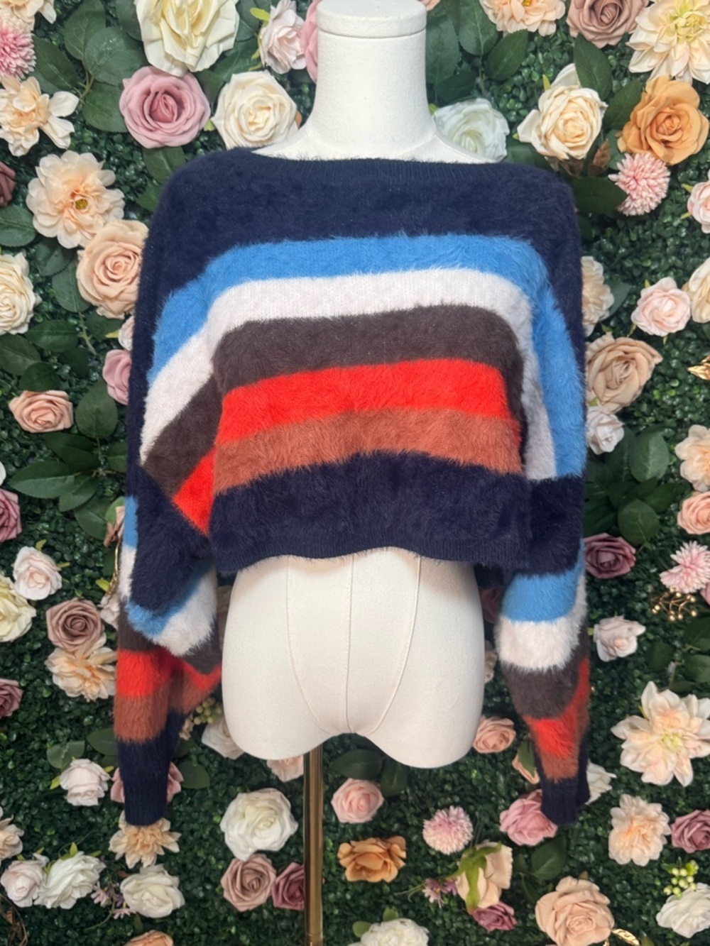 Striped Fuzzy Cropped Sweater in Navy and Blue